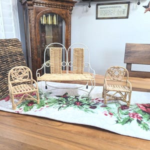 Vintage- Doll- Furniture- Wicker- Wire- Set- Three Piece -Teddy Bear- Lover- Collector - Play- 1980-1990- Gift- Child- Chair- Sofa image 1