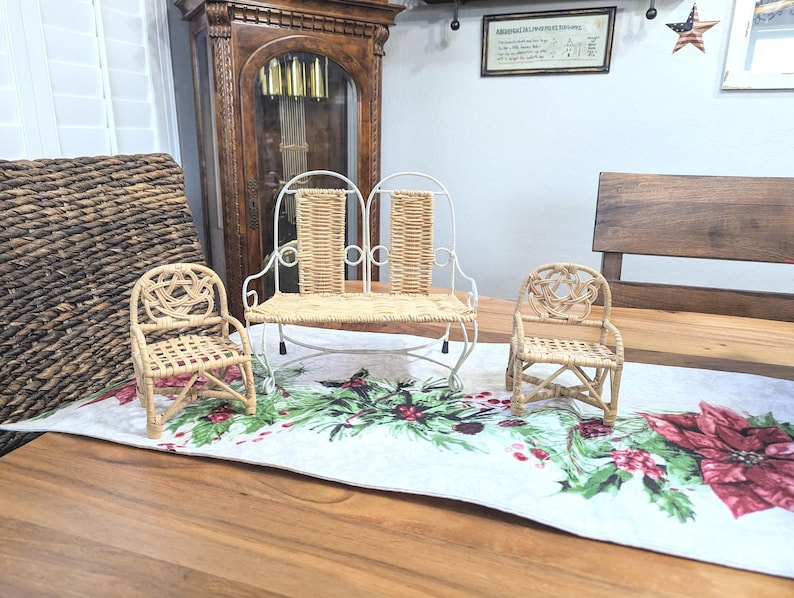 Vintage- Doll- Furniture- Wicker- Wire- Set- Three Piece -Teddy Bear- Lover- Collector - Play- 1980-1990- Gift- Child- Chair- Sofa image 1