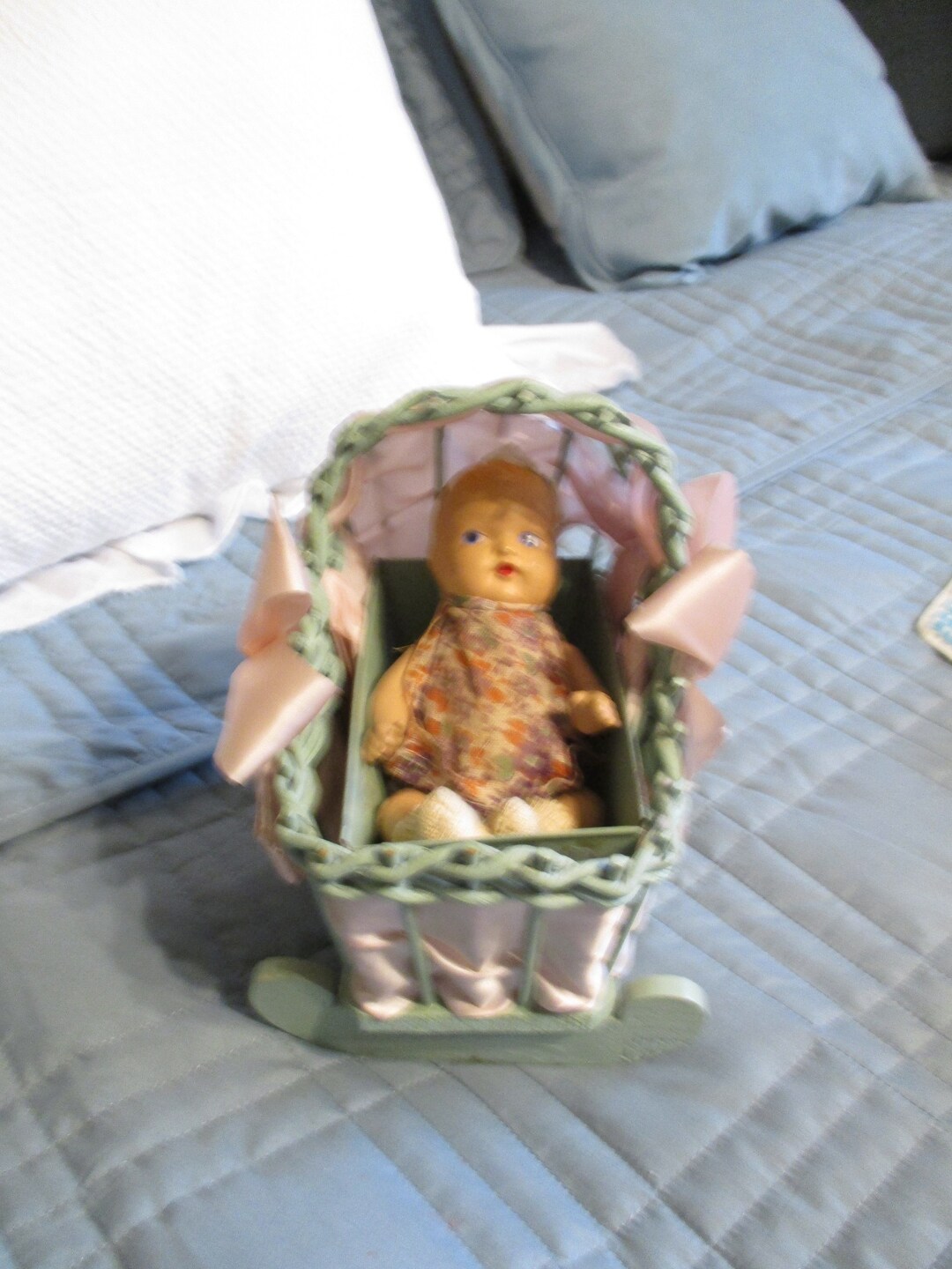 Antique Doll Cradle Doll Collector Hand Painted Dollooak Etsy