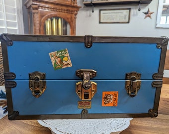 Antique- Doll- Trunk- Travel- 1930- 1940- Storage- Accessories- Blue- Metal- International- Collector- Gift- Stickers- Unique- Lover