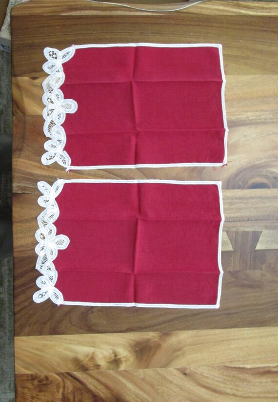 Antique Tea Towels Hand Towels Linen Lace Burgundy 