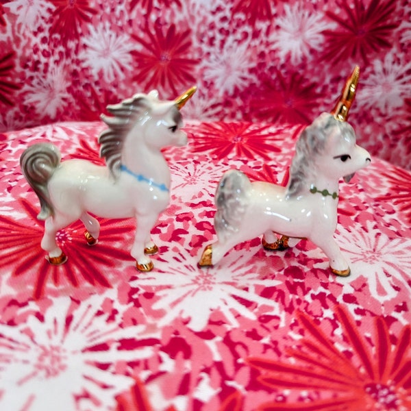 Vintage- Unicorn- Hagen- Renaker-Pair- Miniature - Collector- Figurine- Luster- Iridescent- Dollhouse- Gift- Mom- Porcelain- Whimsical