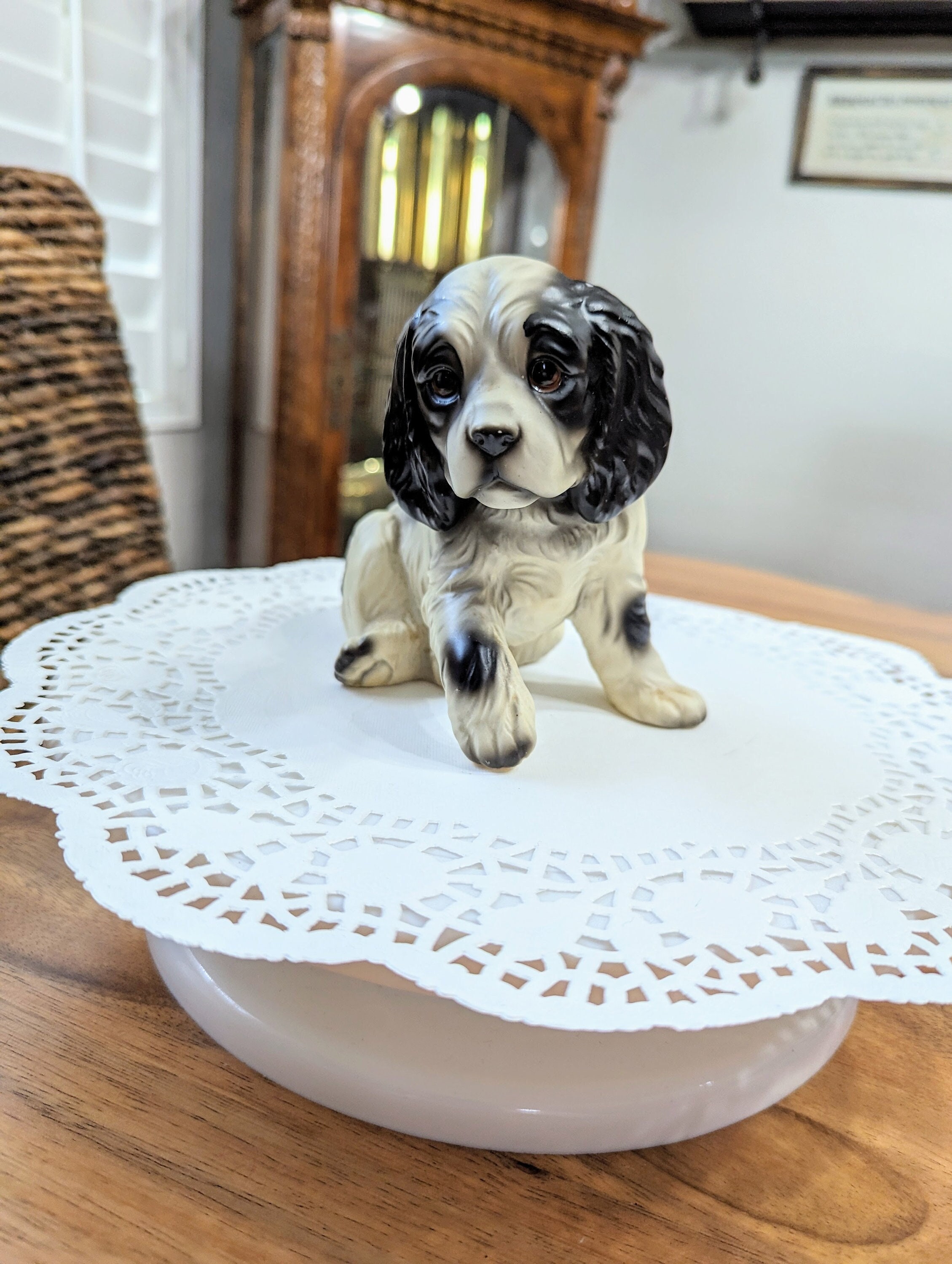 Vintage -spaniel- Figurine- Porcelain- Black- White- Kitsch- Dog