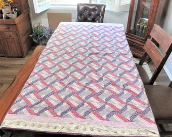 Vintage Quilt- Machine Sewn- Pink- Blue- Patchwork- 1980s- Excellent- OOAK- One of a Kind- Collector- Gift- Farmhouse- Bedroom Décor- Cotton