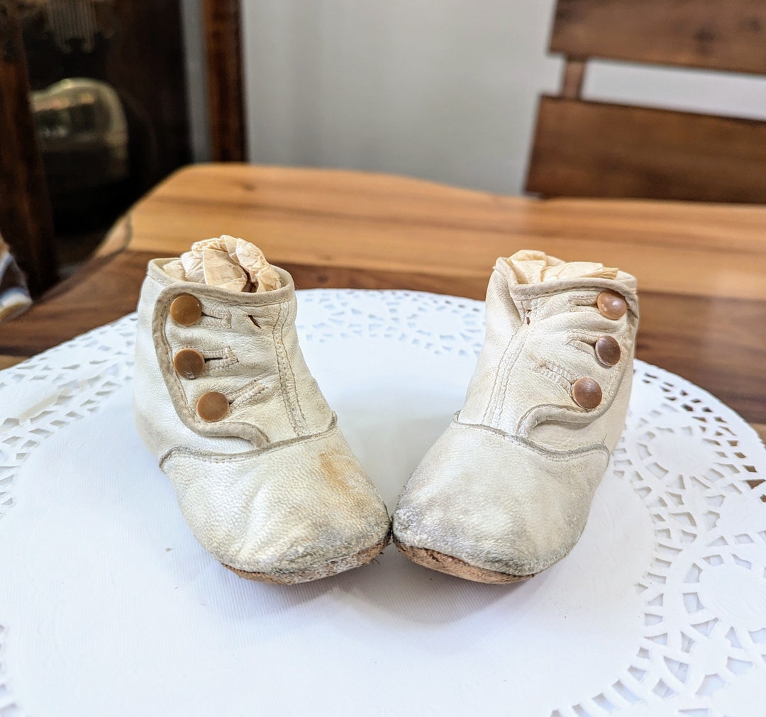 Antique- Doll- Baby- Shoes- White- Leather- Edwardian- Victorian ...
