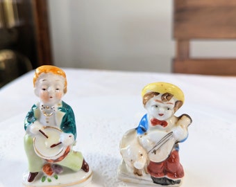 Antique Figurine- Pair- Musical- Japan- Occupied- Drum- Guitar