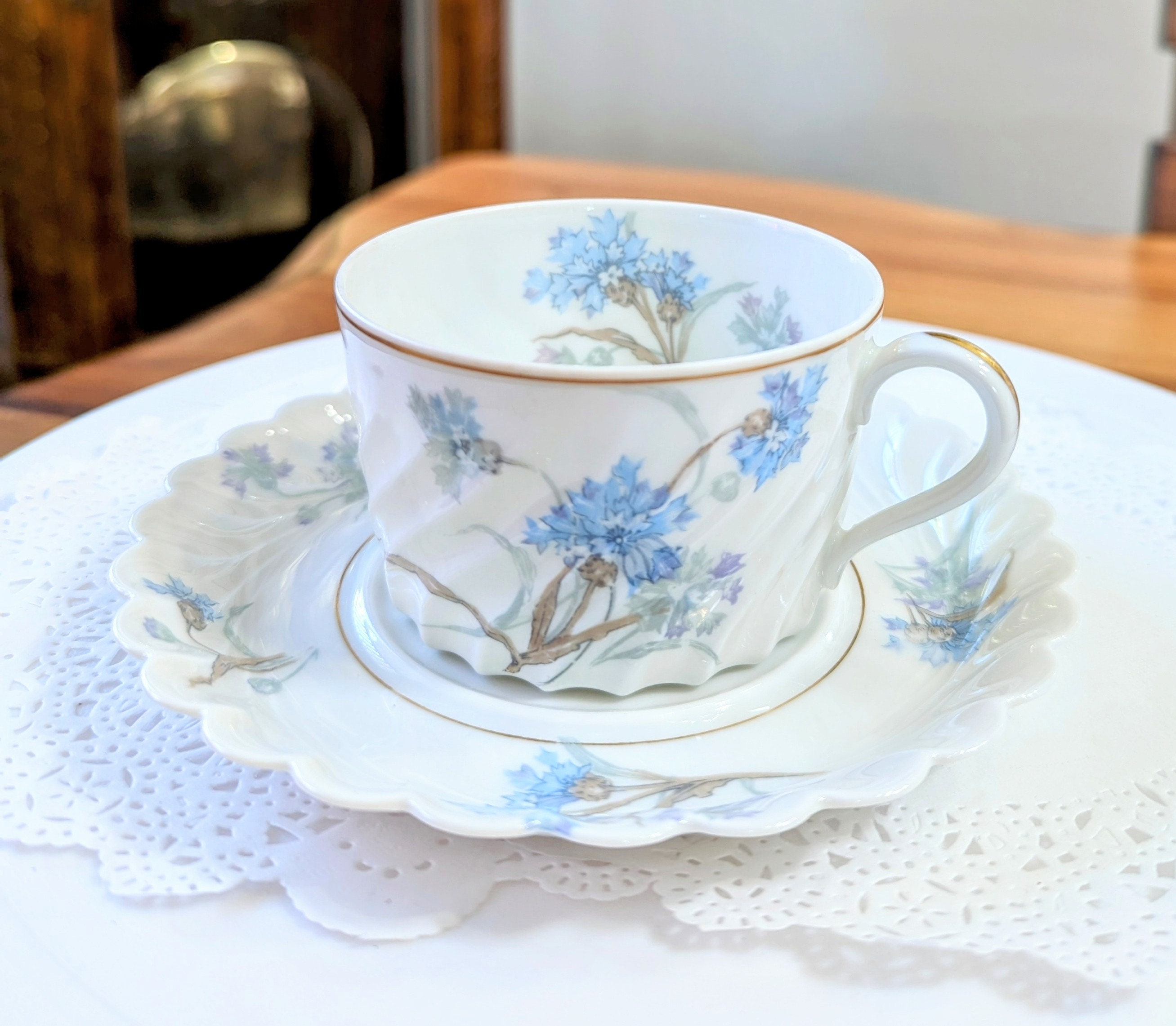Antique -Porcelain- Vintage- French- Limoges- Bergere- Cup Saucer- Collector- Tea Cup - Blue - Flowers- Shabby Chic- Cottage- French Country
