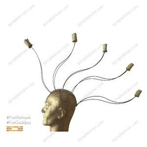 May include: A gold-colored mannequin head with a metal headband and six attached fire poi. The poi are made of a brown material and are attached to the headband with wire.