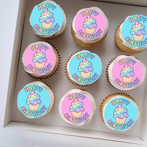Happy Birthday Edible Cupcake Topper Pre Cut Edible cake Topper Pink and Blue Cake Toppers