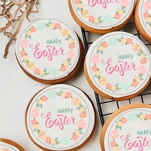 Happy Easter Edible Topper Easter Floral Wreath Cake Topper Pre Cut Edible Cupcake Topper Easter