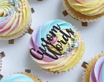 Personalised Glitter Cupcake Toppers: Custom Cake Charms Cursive Font Birthday Name Cake Topper