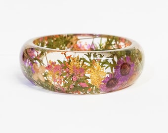 Cadeau unique pour maman, cadeau de fête des mères, bracelet jonc fleurs pressées, bracelet fleurs véritables, bijoux nature, bijoux fleurs pressées, inspiré de la nature