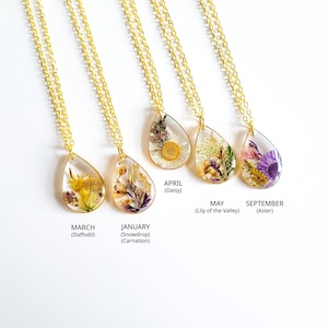 Birth Month Flower Necklace, Teardrop Resin Pendant, Dried Flower Jewelry, Botanical Necklace Gift for Her, Birthday Gift