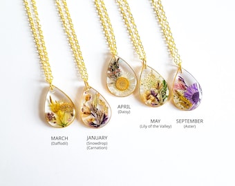 Birth Month Flower Necklace, Teardrop Resin Pendant, Dried Flower Jewelry, Botanical Necklace Gift for Her, Birthday Gift