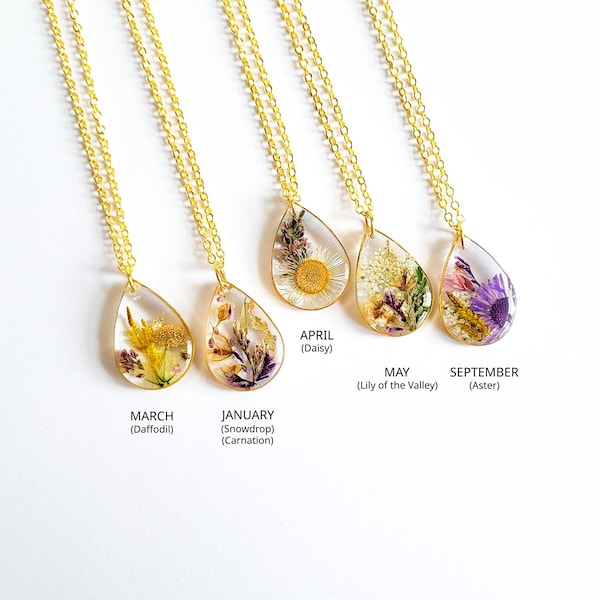 Collana con fiore del mese di nascita, ciondolo a goccia in resina, gioiello con fiori secchi, collana botanica, regalo per lei, regalo di compleanno