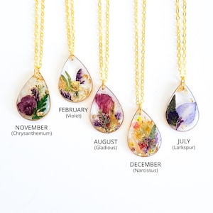誕生月の花のネックレス、彼女の誕生日のためのユニークな贈り物、押し花のネックレス、ドライフラワー樹脂ジュエリー、ボタニカルジュエリー、自然