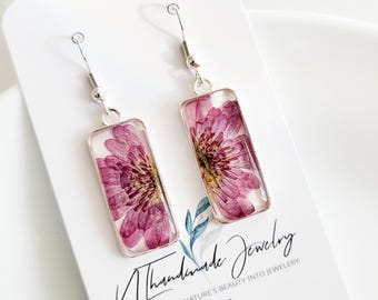 Botanical resin earrings – chrysanthemum flower rectangle dangle jewelry for women