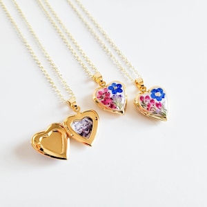 Pressed flower heart locket necklace, floral photo locket, Personalized birthday gift