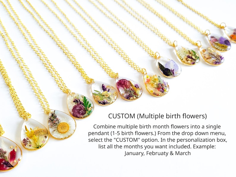 Birth Month Flower Necklace, Pressed Flower Resin Jewelry, Personalized Gift for Her, Botanical  Pendant, Unique Birthstone Jewelry