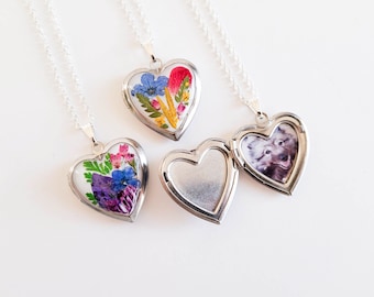 Heart locket necklace with real flowers, photo locket necklace, forget me not, gift for Mother,  wife, friend, Valentine's day gift