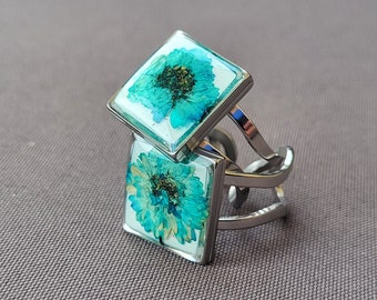 Turquoise real flower ring, resin flower ring, nature jewelry, cottage core jewelry, cottage core ring, nature inspired jewelry, gift