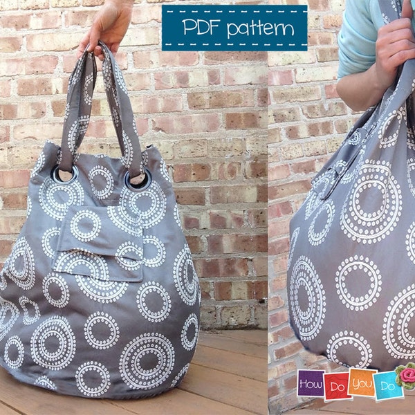 Beach Bag Sewing Pattern , Instant Download PDF , Tote Bag Pattern , Sewing Photo Tutorial , Easy Sewing Pattern , Family Size Bag, Gray Bag