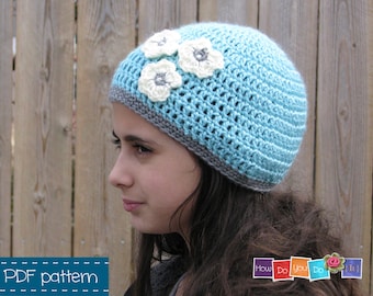 PDF Crochet Pattern, Hat for Girl, Beanie for Girl with flower, Photo Tutorial, Instant Download, Beginner Crochet, Flower Motif, Kids Hat
