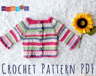 Gestreifte Baby Strickjacke für Mädchen, Baby Pullover Häkelanleitung, Sofort Download PDF, Foto Anleitung häkeln One Piece Pullover Größe 3-6Monate