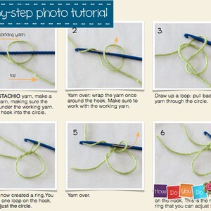 Puede incluir: Un tutorial fotogr&aacute;fico paso a paso sobre c&oacute;mo hacer un anillo m&aacute;gico con hilo de color pistacho. El tutorial muestra seis pasos, con im&aacute;genes y descripciones de texto para cada paso.