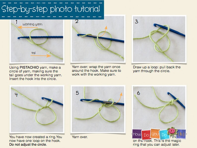 Puede incluir: Un tutorial fotogr&aacute;fico paso a paso sobre c&oacute;mo hacer un anillo m&aacute;gico con hilo de color pistacho. El tutorial muestra seis pasos, con im&aacute;genes y descripciones de texto para cada paso.