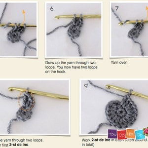 May include: A step-by-step crochet tutorial showing how to make a 2-stitch double crochet increase. The tutorial includes nine images showing the process of crocheting a gray circle.