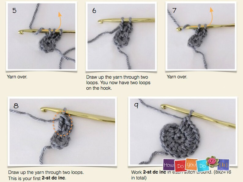 May include: A step-by-step crochet tutorial showing how to make a 2-stitch double crochet increase. The tutorial includes nine images showing the process of crocheting a gray circle.