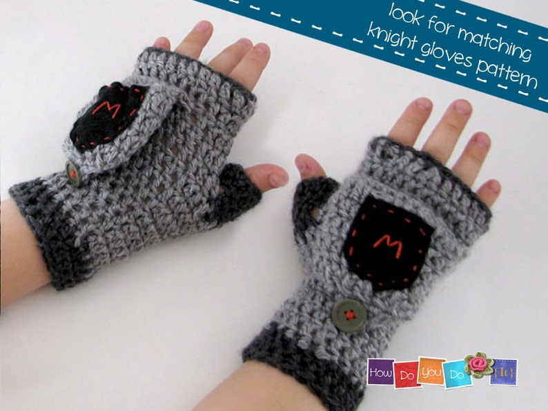 May include: A pair of gray fingerless gloves with a black pocket on each glove. The pockets have a red embroidered letter "M" on them. The gloves are crocheted and have a button on each glove. The text "look for matching knight gloves pattern" is visible in the image.