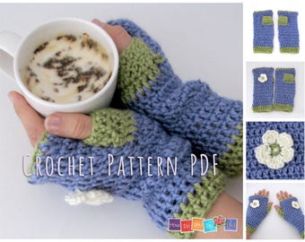 Fingerless Mittens Adult size, Photo Tutorial , PFD Crochet Pattern , Beginners Crochet Gloves , Wrist Warmers PDF , Crochet Flower Motif