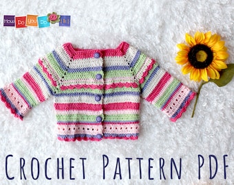 Baby Pullover Häkelanleitung, Sofort Download PDF, Gestreifte Baby Strickjacke für Mädchen, Foto Anleitung häkeln One Piece Pullover Größe 3-6Monate