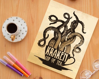 Tea Notebook Kraken Cup of Tea, Steampunk Notebook, Dream Diary, Journal, Writers Gift, Blank Notebook 100 pages, Planner, Diary, 7x9