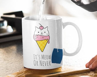 Cat Mug It's Meow Or Never Ice-cream Mug Inspirational Quote Mug, Humorous Mug, Coffee Mug, Tea Mug, Cat Mug, Fur Baby Gift Size 11 oz