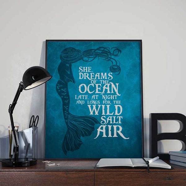 Mermaid Art Print Poster - She Dreams of the Ocean PRINTABLE 8x10 inches - Wall Art Turquoise Blue, Inspirational Print, Home Decor, Gift