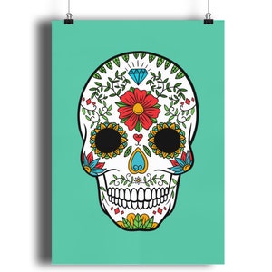 Day Of The Dead Sugar Skull Print Quality GICLEÉ 13 colour options, Dia de Muertos Wall Art Home Decor, Kitchen Art Children's Room A4 A3 A2 Tropics