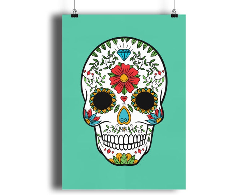 Day Of The Dead Sugar Skull Print Quality GICLEÉ 13 colour options, Dia de Muertos Wall Art Home Decor, Kitchen Art Children's Room A4 A3 A2 Tropics