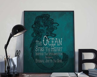 The Ocean Stirs the Heart - Mermaid Art Print Poster PRINTABLE 8x10 inches, Ocean Wall Decor, Inspirational Print, Green Decor, Mermaid Gift