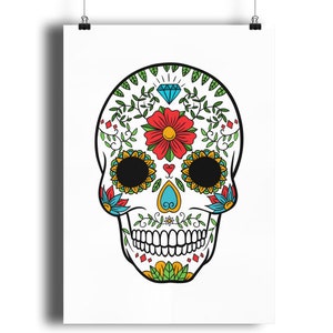 Day Of The Dead Sugar Skull Print Quality GICLEÉ 13 colour options, Dia de Muertos Wall Art Home Decor, Kitchen Art Children's Room A4 A3 A2 White