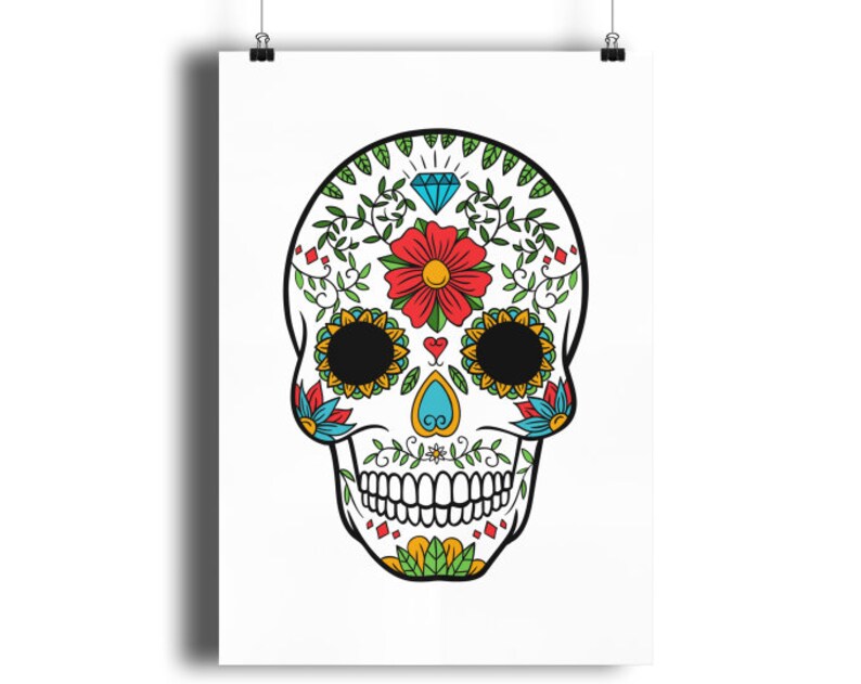 Day Of The Dead Sugar Skull Print Quality GICLEÉ 13 colour options, Dia de Muertos Wall Art Home Decor, Kitchen Art Children's Room A4 A3 A2 White