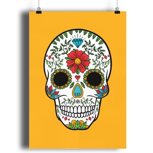 Day Of The Dead Sugar Skull Print Quality GICLEÉ 13 colour options, Dia de Muertos Wall Art Home Decor, Kitchen Art Children's Room A4 A3 A2 Saffron