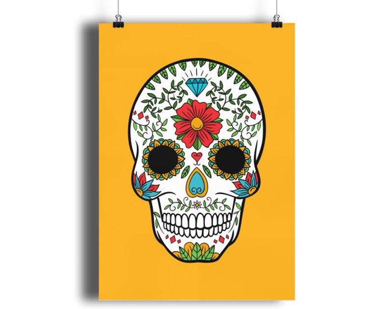 Day Of The Dead Sugar Skull Print Quality GICLEÉ 13 colour options, Dia de Muertos Wall Art Home Decor, Kitchen Art Children's Room A4 A3 A2 Saffron