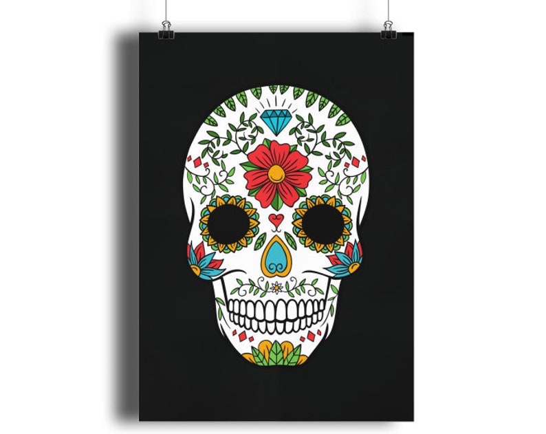 Day Of The Dead Sugar Skull Print Quality GICLEÉ 13 colour options, Dia de Muertos Wall Art Home Decor, Kitchen Art Children's Room A4 A3 A2 Black