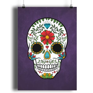 Day Of The Dead Sugar Skull Print Quality GICLEÉ 13 colour options, Dia de Muertos Wall Art Home Decor, Kitchen Art Children's Room A4 A3 A2 Purple