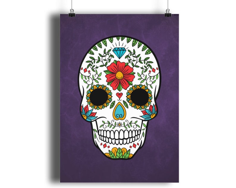 Day Of The Dead Sugar Skull Print Quality GICLEÉ 13 colour options, Dia de Muertos Wall Art Home Decor, Kitchen Art Children's Room A4 A3 A2 Purple