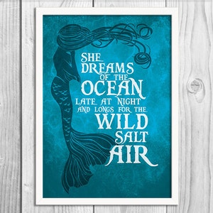 Mermaid Art Print Poster She Dreams of the Ocean PRINTABLE 8x10 inches Wall Art Turquoise Blue, Inspirational Print, Home Decor, Gift image 3