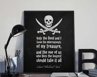 Pirate Art Print Poster - Treasure - Blackbeard - PRINTABLE 8x10 inches Wall Decor, Pirate Party Print, Home Decor, Pirate Gift